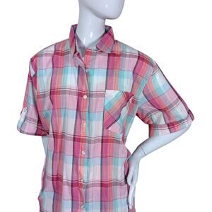 Vintage Diamond Hill Button Down Top Size Large (12-14) Pink Plaid Short Sleeve